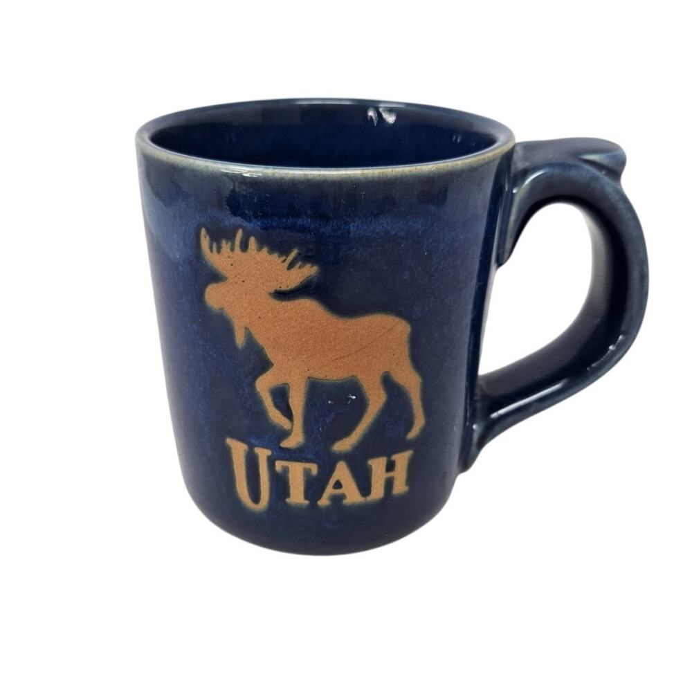 Utah Moose Hand Thrown Pottery Mug Rustic Western Blue Glaze Cabin Coffee